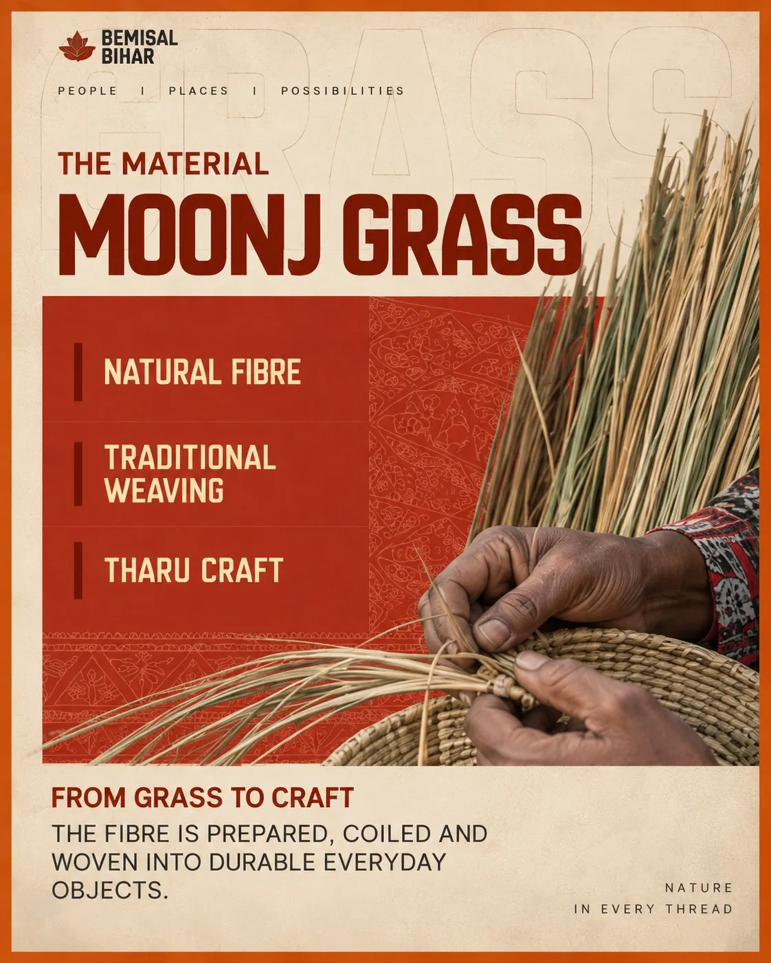 Hands coiling moonj grass into the rim of a basket.
