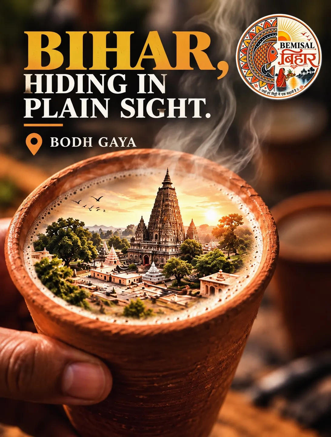 A kulhad of tea whose surface shows the Mahabodhi temple at Bodh Gaya.